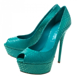 Pre Owned Casadei Blue Python Embossed Patent Leather Peep Toe Platform Pumps 38