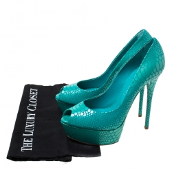 Pre Owned Casadei Blue Python Embossed Patent Leather Peep Toe Platform Pumps 38