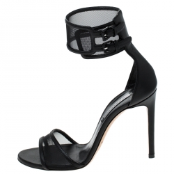 Pre Owned Casadei Black Mesh and Leather Open Toe Double Buckle Ankle Strap Sandals Size 36