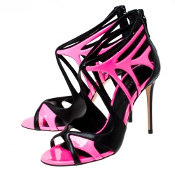 Pre Owned Casadei Black/Neon Pink Leather Cutout Sandals Size 37