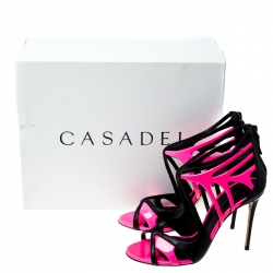 Pre Owned Casadei Black/Neon Pink Leather Cutout Sandals Size 37
