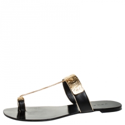 Pre Owned Casadei Black Leather Embellished Chain Detail Toe Ring Flats Size 40