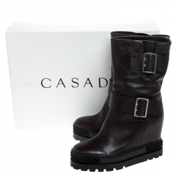 Pre Owned Casadei Brown Leather Wedge Chain Motif Buckle Mid Calf Boots Size 38