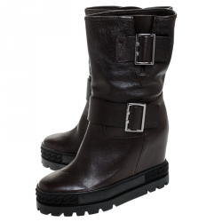 Pre Owned Casadei Brown Leather Wedge Chain Motif Buckle Mid Calf Boots Size 38