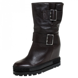 Pre Owned Casadei Brown Leather Wedge Chain Motif Buckle Mid Calf Boots Size 38