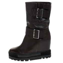 Pre Owned Casadei Brown Leather Wedge Chain Motif Buckle Mid Calf Boots Size 38