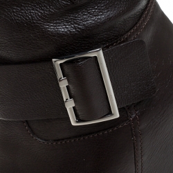 Pre Owned Casadei Brown Leather Wedge Chain Motif Buckle Mid Calf Boots Size 38