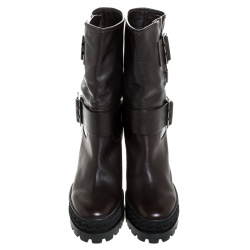 Pre Owned Casadei Brown Leather Wedge Chain Motif Buckle Mid Calf Boots Size 38