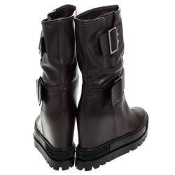 Pre Owned Casadei Brown Leather Wedge Chain Motif Buckle Mid Calf Boots Size 38