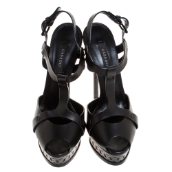 Pre Owned Casadei Black Leather T-Strap Platform Sandals Size 39.5