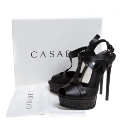 Pre Owned Casadei Black Leather T-Strap Platform Sandals Size 39.5
