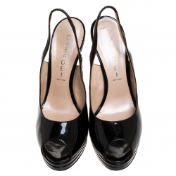 Pre Owned صندل كاسادي جلد أسود لامع مقدمة مفتوحة نعلل سميك بحزام للكاحل مقاس 37