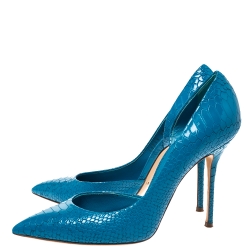 Pre Owned Casadei Blue Python Embossed Patent Leather Pointed Toe D'orsay Pumps 37