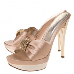 Pre Owned Casadei Beige Satin Crystal Embellished Platform Open Toe Slide Sandals Size 37