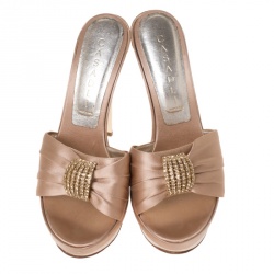 Pre Owned Casadei Beige Satin Crystal Embellished Platform Open Toe Slide Sandals Size 37