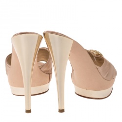 Pre Owned Casadei Beige Satin Crystal Embellished Platform Open Toe Slide Sandals Size 37