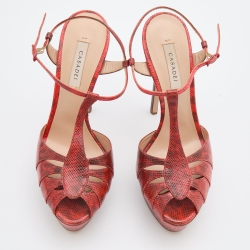 Pre Owned Casadei Red Karung Leather Platform Ankle Strap Sandals Size 37