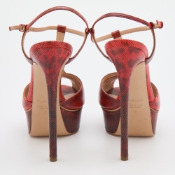 Pre Owned Casadei Red Karung Leather Platform Ankle Strap Sandals Size 37