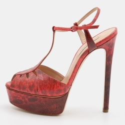 Pre Owned Casadei Red Karung Leather Platform Ankle Strap Sandals Size 37