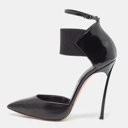 Black Leather And Patent Ankle Strap Pumps