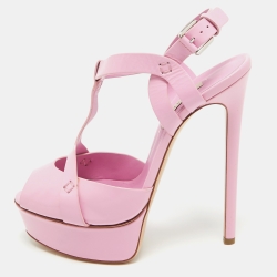 Pink Leather Platform Peep Toe Sandals