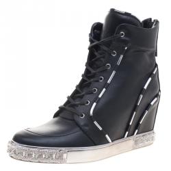 Pre Owned Casadei Black Leather Chain Detail Wedge Sneakers Size 38.5
