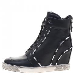 Pre Owned Casadei Black Leather Chain Detail Wedge Sneakers Size 38.5