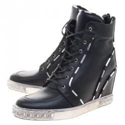 Pre Owned Casadei Black Leather Chain Detail Wedge Sneakers Size 38.5