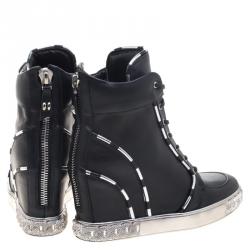 Pre Owned Casadei Black Leather Chain Detail Wedge Sneakers Size 38.5
