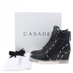 Pre Owned Casadei Black Leather Chain Detail Wedge Sneakers Size 38.5
