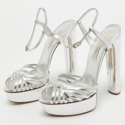 Casadei Silver Leather Ankle Strap Platform Sandals Size 38