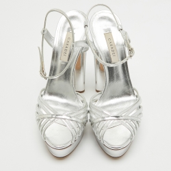 Casadei Silver Leather Ankle Strap Platform Sandals Size 38