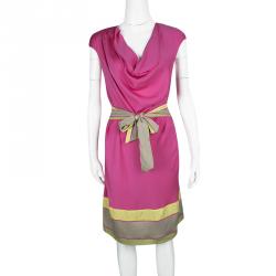 Pre Owned Catherine Malandrino Lotus Pink Silk Draped Belted Dress  M