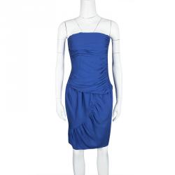 Pre Owned Catherine Malandrino Blue Silk Ruched Strapless Dress S