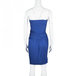 Pre Owned Catherine Malandrino Blue Silk Ruched Strapless Dress S