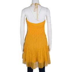 Catherine Malandrino Mustard Yellow Silk Embroidered Halter Neck Dress M