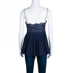 Catherine Malandrino Navy Blue Eyelet Embroidered Noodle Strap Camisole L