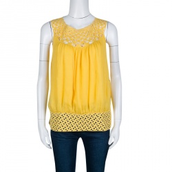 Catherine Malandrino Yellow Cutout Trim Detail Crinkled Chiffon Top M