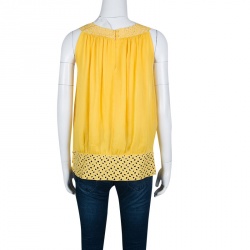 Catherine Malandrino Yellow Cutout Trim Detail Crinkled Chiffon Top M