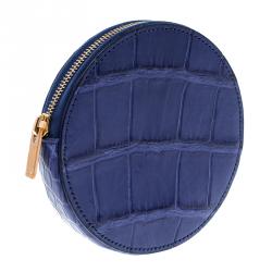 Pre Owned Celine Blue Croc Embossed Round Zip Coin Purse
