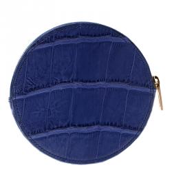 Pre Owned Celine Blue Croc Embossed Round Zip Coin Purse