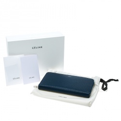 Pre Owned Celine Navy Blue Leather Zip Around Wallet