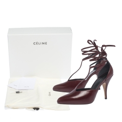 Pre Owned Celine Burgundy Leather Night Out T-Strap Ankle Wrap Sandals Size 39