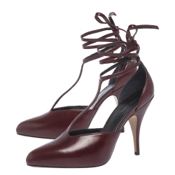 Pre Owned Celine Burgundy Leather Night Out T-Strap Ankle Wrap Sandals Size 39