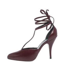 Pre Owned Celine Burgundy Leather Night Out T-Strap Ankle Wrap Sandals Size 39