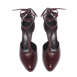 Pre Owned Celine Burgundy Leather Night Out T-Strap Ankle Wrap Sandals Size 39