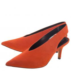 Pre Owned Celine Tangerine Orange Suede V Neck Slingback Sandals Size 39