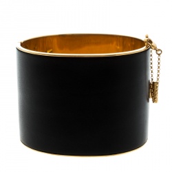 Pre Owned Céline Black Leather Gold Tone Wide Cuff Bracelet