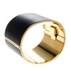 Pre Owned Céline Black Leather Gold Tone Wide Cuff Bracelet