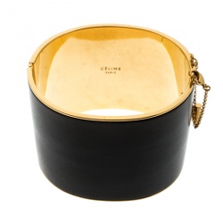 Pre Owned Céline Black Leather Gold Tone Wide Cuff Bracelet